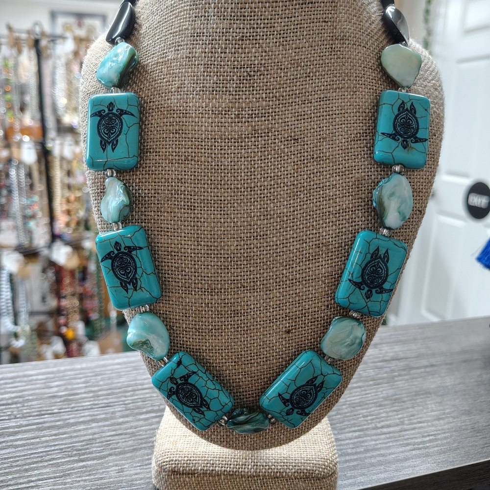 Sea Turtle Howlite, Glass And Shell Necklace
